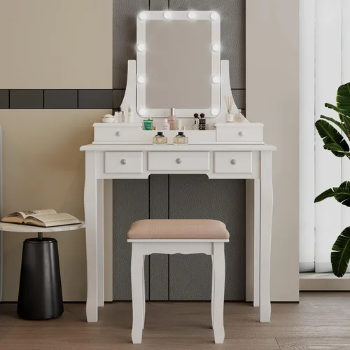 Vista 9 de Escritorio de tocador con espejo y luces de maquillaje con luces mesa con luz tocador de maquillaje con cajones negro juego de tocador para niñas