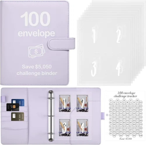 Vista 15 de Carpeta de Desafío de Dinero con 100 Sobres y Rastreador Laminado, Carpeta de Presupuesto con Sobres de Efectivo, Libro de Ahorros con Cremallera