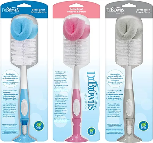 Vista 13 de Dr. Brown's Juego de cepillos de limpieza de biberones de esponja reutilizable con soporte de ventosa, limpiador y limpiador de pezones, gris