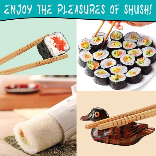 Vista 5 de Kit de fabricación de sushi SmileTools, juego de 22 piezas para principiantes con libro guía, bazuca, cuchillo, estera, cortador de aguacate