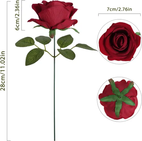 Vista 5 de Rosas Artificiales Rojas 25 PCS Rosas de Terciopelo Flores Artificiales de Aspecto Real Flores de Seda con Tallos para Bricolaje Boda Fiesta Baby