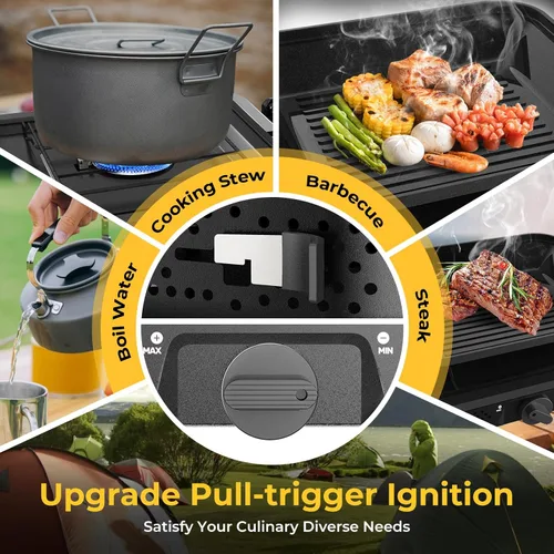 Vista 5 de Estufa portátil de camping de 2 quemadores de propano, estufa plegable de propano para acampar, estufa de campamento con 17,000 BTU, estufa de gas