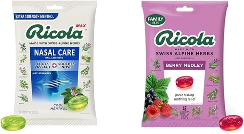 Ricola Max Cool Mentol - Bolsa grande para cuidado nasal | Gotas supresoras de tos | Centro líquido de doble acción - 34 gotas de garganta Berry