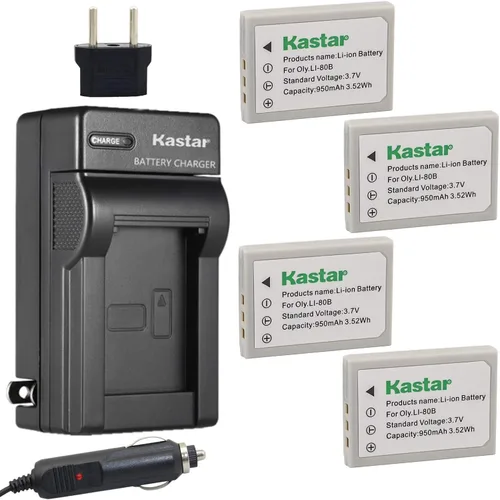 Kastar Batería (paquete de 4) y kit de cargador para Olympus Li-80B y Konica Minolta NP-900 funciona con cámaras Olympus T-100, t-110, x-36 y Konica