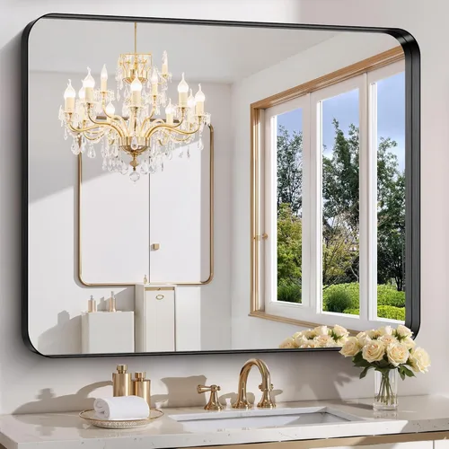 Vista 15 de FORBATH Espejo de baño de 24 x 24 pulgadas para pared, espejos de tocador con marco de metal negro para sobre el fregadero, espejo rectangular