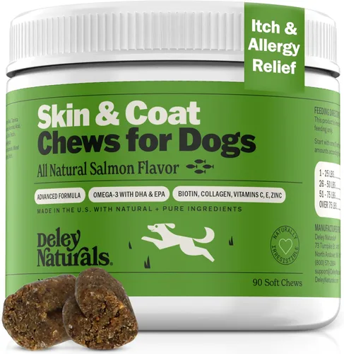 Deley Naturals Masticables para la piel y el pelaje – Masticables para alergias para perros con aceite de pescado Omega 3, biotina, colágeno y