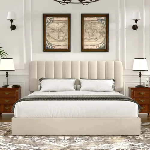 Vista 5 de VECELO Base de cama tapizada de tamaño matrimonial con 4 cajones y cabecero, plataforma de terciopelo, soporte de listones de madera, no necesita