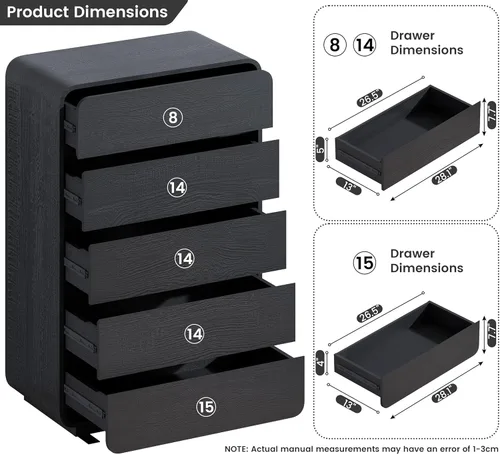 Vista 3 de Standifurno Cómoda de 29.5'' de Ancho para Clóset, Cajones Negros con Diseño Curvo, Cajonera con 5 Cajones, Cajón Vertical con Amplio