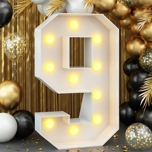 Vista 18 de Números blancos iluminados de 4 pies con luces para decoración de fiesta de primer cumpleaños, marco grande de mosaico de marquesina con ranuras