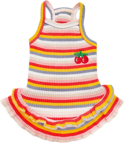 Vista 9 de Lindo vestido de perro para perros pequeños y niña, ropa de cumpleaños, ropa de primavera y verano, trajes de perro, arco iris, colorido, a rayas