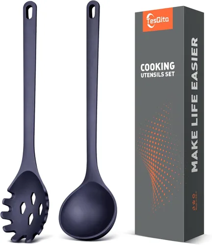 Vista 11 de Juego de 2 utensilios de cocina de silicona para espaguetis y cucharón de Negro