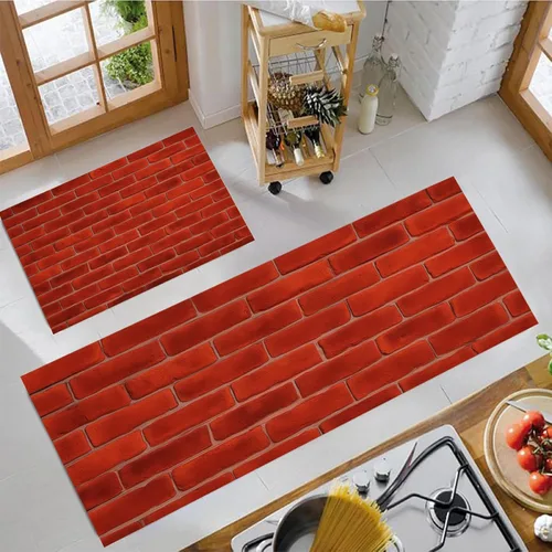 Deep Red Kitchen Rugs, Farmhouse-Style Brick Wall Non Skid Washable Comfort Mats for Floor, Anti Fatigue Kitchen Cushioned Runner Rug Retro