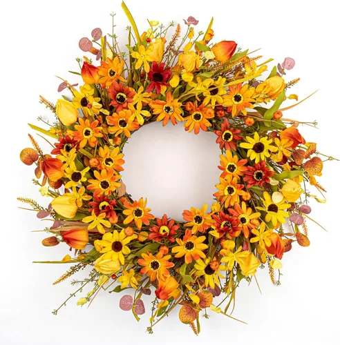 JINGHONG Coronas de otoño para puerta delantera, corona artificial de otoño de 22 pulgadas, corona floral de otoño con margaritas coloridas, follaje