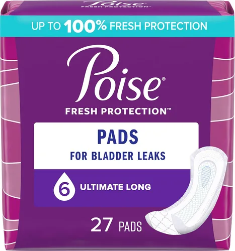 Poise Almohadillas de incontinencia posparto para mujer, máxima absorción, largas, diseño original, 27 unidades
