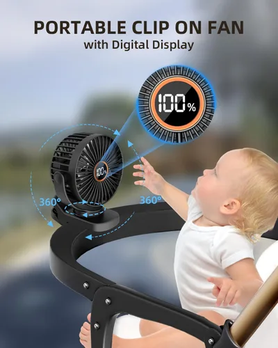 Vista 2 de TUNISE Mini ventilador con clip, ventilador de escritorio a pilas, pantalla digital, 3 velocidades ajustables, bidireccional ajustable de 360 °