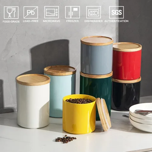 Vista 2 de SWEEJAR – Recipiente de cerámica para almacenamiento de alimentos, recipientes apilables con tapa hermética de madera para servir café molido, té