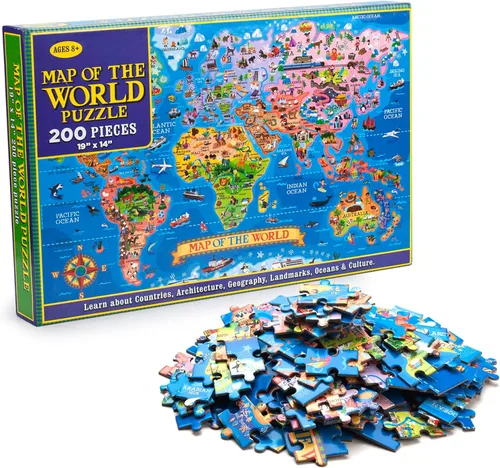 Rompecabezas de mapa del mundo de 200 piezas para niños y adultos, rompecabezas de mapa del mundo, rompecabezas de suelo, juguetes educativos de