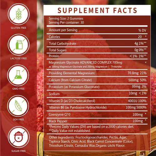 Vista 4 de Magnesium Glycinate Gummies 500mg - Sugar Free Magnesium Supplement with Vitamin D, B6, CoQ10 for Calm Mood & Muscle, Sleep Support - 60 Gummies