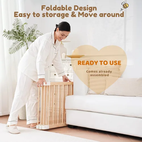 Vista 4 de Corralito de madera y patios de juego para bebés y niños pequeños, valla de juego para bebés de madera plegable de 57 * 57 pulgadas con puerta