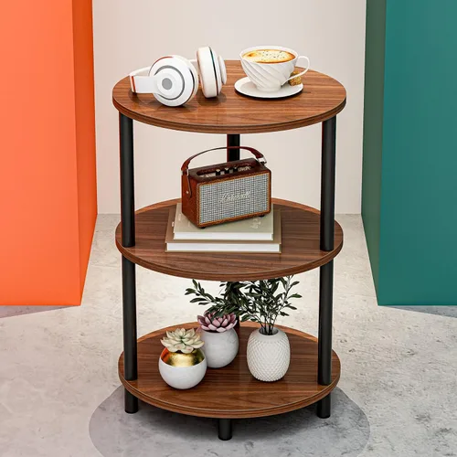 Vista 15 de Mesa auxiliar redonda pequeña, mesa decorativa ovalada de 3 niveles para espacios pequeños, mesita de noche de madera rústica y metal para sala