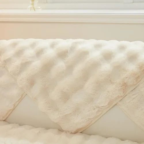 MERRYLIFE Thick Plush Faux Rabbit Fur Sofa Slipcovers 1-Piece Non-Slip Warm Soft Cozy Couch Covers Furniture Protector(Beige, Arm Cover 27"x35")
