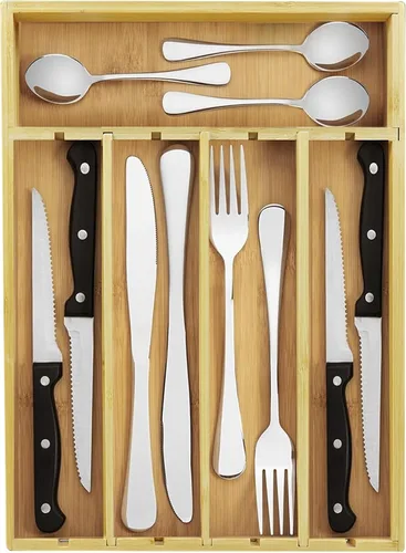 Organizador de cubiertos de bambú para cocina, organizador de cajones de bambú – 5 ranuras en total organizador de utensilios para cubiertos,