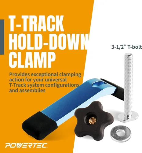 Vista 2 de POWERTEC 71168-P2V Abrazadera de retención T-Track, 5-1/2" L x 1-1/8" W, paquete de 4, abrazaderas de riel en T para carpintería