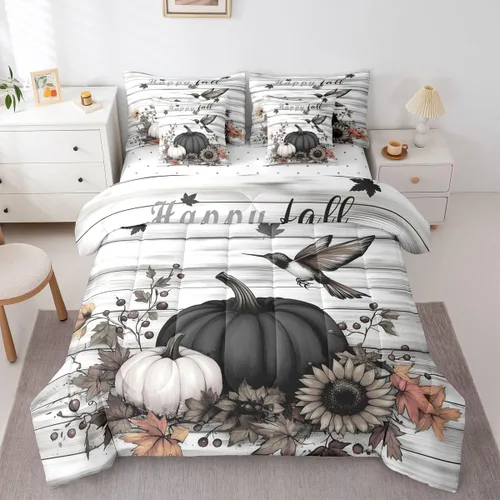 Vista 29 de Feelyou Fall Pumpkin Comforter Set with Sheets 7 Piece Twin Size Autumn Bed in a Bag Kids Boys Girls Pumpkin Maple Leaf Bedding Set Hummingbird Beig