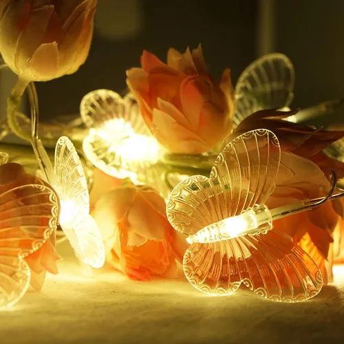 Vista 5 de Cortina de luces de mariposa de 20 pies, 120 luces LED para ventana, luces de hadas USB, 24 mariposas, 8 modos con control remoto para habitación