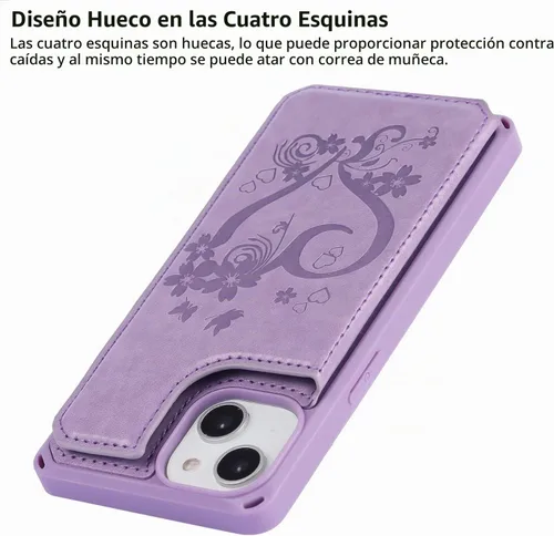 Vista 10 de iCoverCase Funda compatible con iPhone 14 Plus con tarjetero para mujer, bloqueo RFID en relieve, piel sintética con correa de muñeca de 6.7 H-Negro