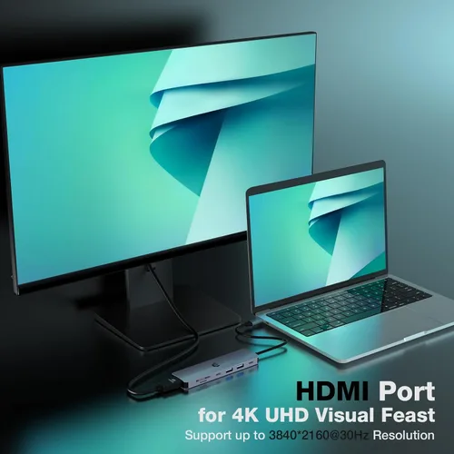 Vista 2 de Hub USB C, adaptador de concentrador oditton 7 en 1, salida HDMI, entrega de energía de 100 W, USB C 3.0, puertos USB 3.0 duales, lector de tarjetas