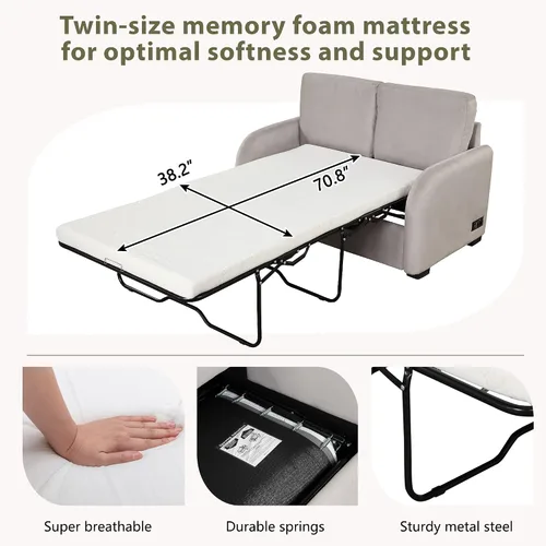 Vista 5 de Sofá cama extraíble, sofá biplaza 2 en 1 con colchón de espuma plegable, sofá cama extraíble de terciopelo con puerto de carga USB y enchufe de 3