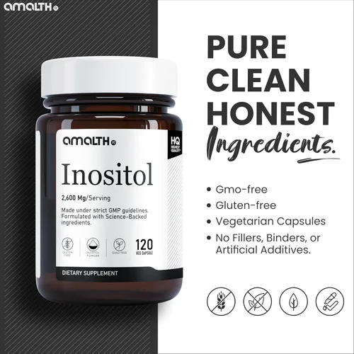 Vista 7 de AMALTH Cápsulas de inositol de 2600 mg Cápsulas de suplemento de inositol Myo Fórmula de polvo de vitamina B8 Equilibrio hormonal y apoyo