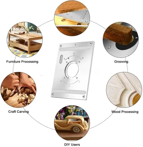 Vista 5 de Placa de inserción de mesa de enrutador Placa de aluminio para enrutador de carpintería Placa de montaje de mesa con 2 anillos de 11.811 x 9.252 x