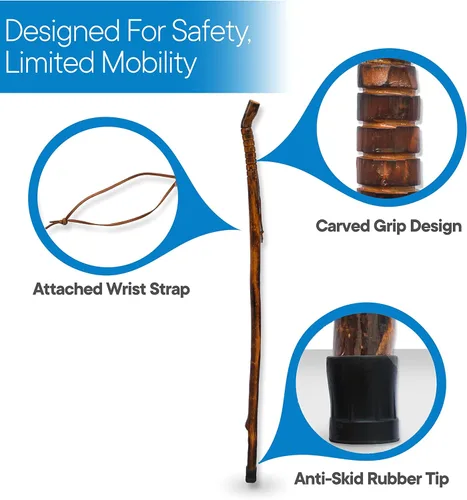 Vista 4 de RMS Bastón de Madera Natural para Caminar - Bastón de Madera para Senderismo y Bastón de Trekking con Correa de Cuero para la Muñeca