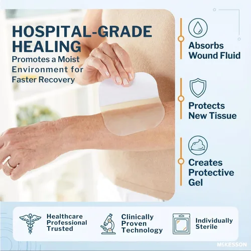 Vista 5 de McKesson Apósito hidrocoloide, estéril, fino (20 cajas, 400 apósitos en total) – Vendaje estéril autoadhesivo, parche impermeable para úlceras