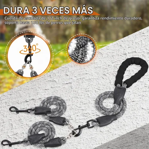 Vista 2 de Correa doble para perro para dos perros, desmontable giratoria de 360°, correa sin enredos con tiras reflectantes para caminar y entrenar perros