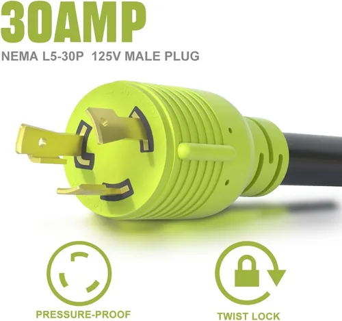 Vista 3 de Cable de alimentación para generador adaptador RV de 30 amperios a 110, adaptador de 3 clavijas de 30 amperios a enchufe de bloqueo giratorio de 20