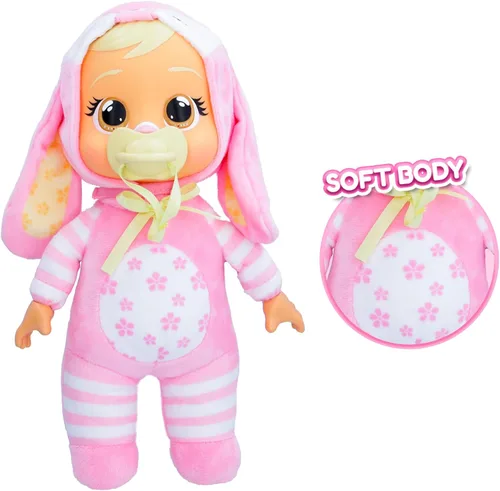 Vista 4 de Cry Babies Tiny Cuddles Bunnies Lola - Muñeca bebé de 9 pulgadas, lágrimas reales de llanto, pijama con temática de conejo rosa