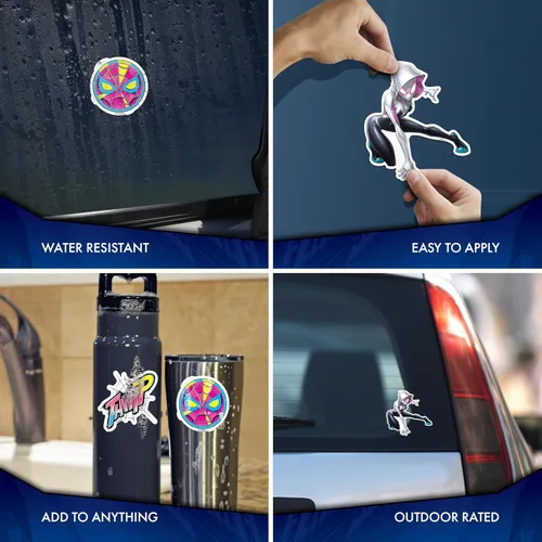 Vista 2 de Marvel Spider-Gwen - Juego de 3 calcomanías de vinilo para botella de agua de coche, bicicleta, casco, laptop, patineta, calcomanías de Marvel