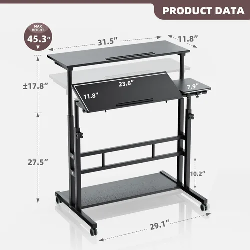 Vista 3 de AIZ Carrito de escritorio ajustable para computadora con ruedas, estación de trabajo de oficina en casa, mesa alta portátil para computadora Negro
