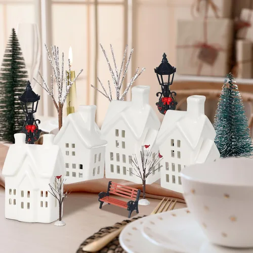Vista 6 de 33 piezas de conjuntos de aldea navideña de cerámica con iluminación LED, decoración de aldea en miniatura de invierno blanco, figuras de resina