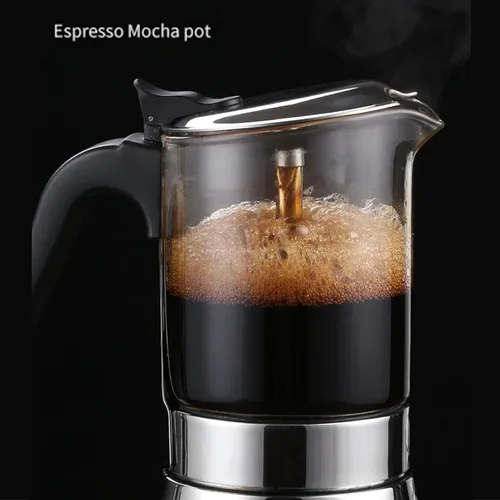 Vista 2 de Cafetera de café expreso, tapa de cristal y olla de café espresso de acero inoxidable, cafetera italiana clásica de acero inoxidable, cafetera