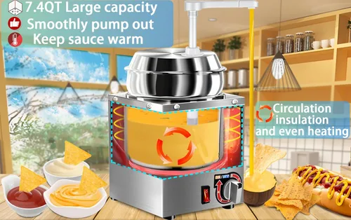 Vista 2 de Dispensador de queso nacho, calentador de queso nacho de 7.4 cuartos con bomba, calentador de dulce de azúcar caliente de acero inoxidable