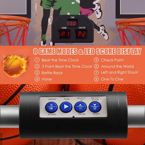 Vista 4 de Giantex Juego de Arcade de Baloncesto Plegable, 8 Opciones de Juego, Juego Electrónico de Tiro Doble para 2 Jugadores con 4 Bolas y Sistema