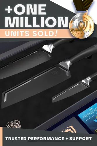 Vista 6 de Dalstrong Vanquish Series - Juego de cuchillos de 3 piezas - Acero alemán forjado de alto carbono - Mango negro - Cuchillo de chef, Santoku y pelar