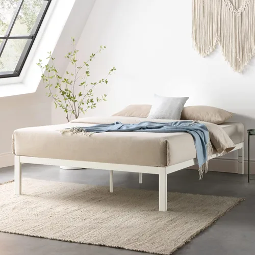 Mellow Rocky Base C - Cama de plataforma de 14 pulgadas, acero blanco resistente, con listones de acero anchos patentados (no necesita somier)