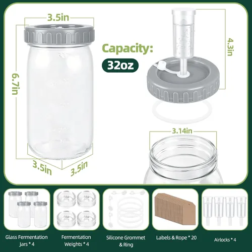 Vista 2 de [Usado] Kit de frascos de fermentación de 32 onzas con pesas de fermentación y tapas de esclusa de aire, tarros de vidrio de boca ancha