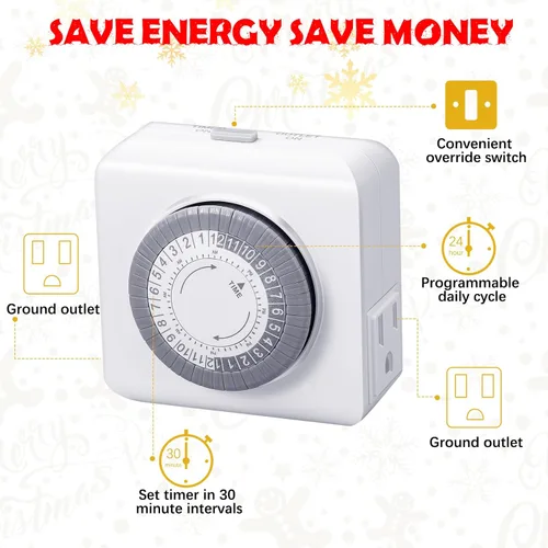 Vista 5 de Maxdot 4 temporizadores de 24 horas para enchufes eléctricos, temporizador mecánico de enchufe interior resistente, intervalos de 30 minutos