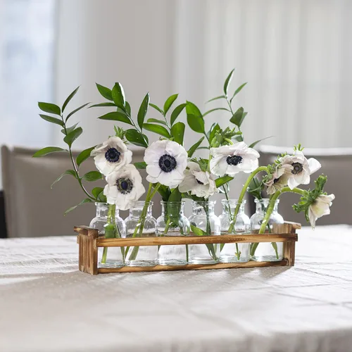 Vista 2 de Hermoso jarrón de cristal con soporte de madera para plantas y 6 jarrones de brotes, botellas de vidrio decorativas para decoración del hogar